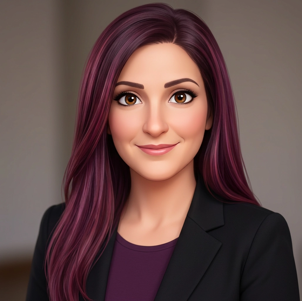 Avatar image of woman with eggplant colored hair wearing a black blazer and plum colored top